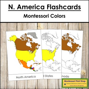 Nordamerika Karteikarten (Montessori Farbcode) - Geographie - Druckbare Montessori Materialien - Digitaler Download