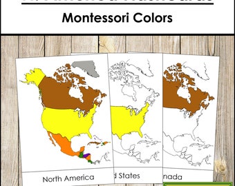 Flashcard Nord America (codice colore Montessori) - Geografia - Materiali Montessori stampabili - Download digitale