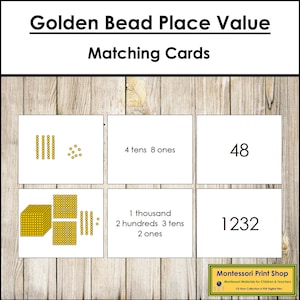 Tarjetas de valor posicional con cuentas doradas - Matemáticas de primaria - Materiales Montessori imprimibles - Descarga digital