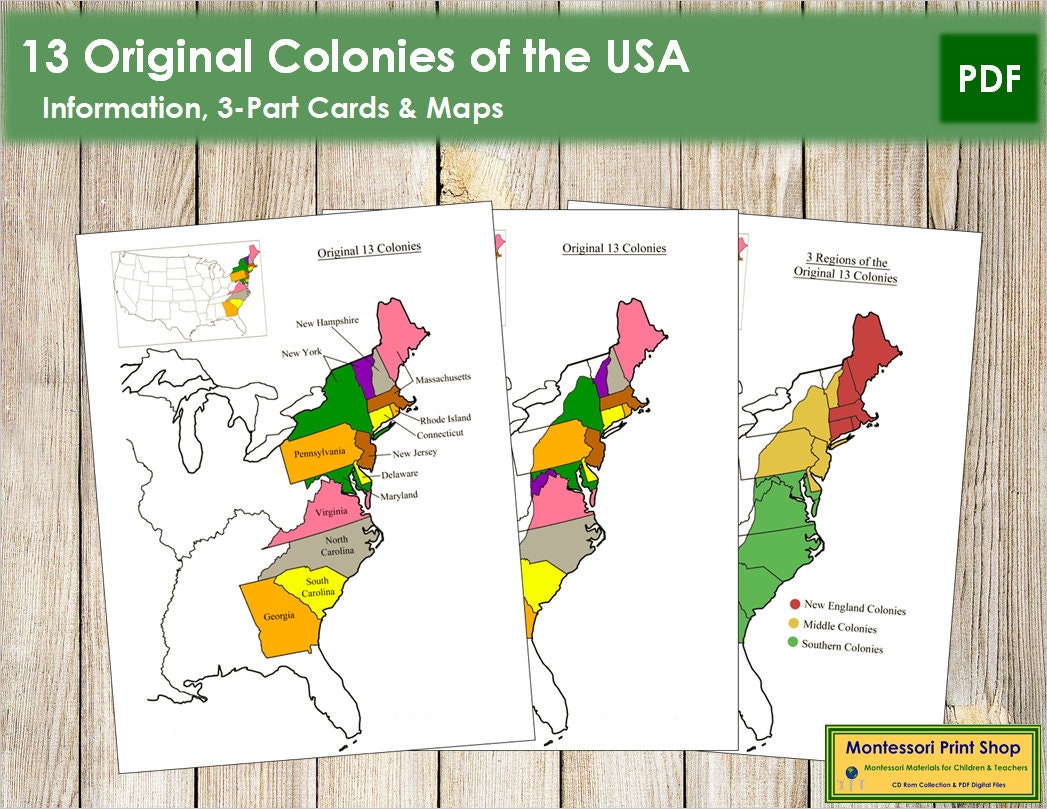 13 Original Colonies of the USA Maps, Information & 3-Part Cards - Montessori Geography - Printable Montessori Materials - Digital Download