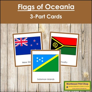 Bandiere dell'Oceania (codificate a colori) - Schede Montessori sui continenti - Geografia - Schede Montessori stampabili - Download digitale