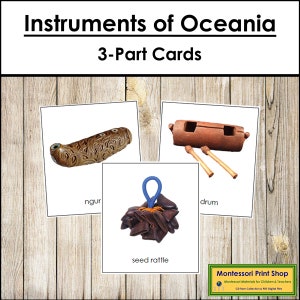Strumenti musicali dell'Australia/Oceania - Schede dei continenti - Geografia - Schede Montessori stampabili - Download digitale