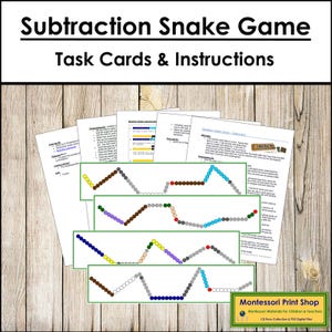 Tarjetas de tareas e instrucciones para el juego de la serpiente de resta (codificadas por colores) - Matemáticas de primaria - Tarjetas Montessori imprimibles - Descarga digital