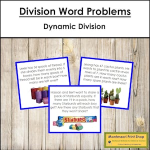 Könnte beinhalten: Drei bunte Wortproblemkarten mit blauen Rändern. Die erste Karte zeigt Garnrollen und den Text "Lexie hat 36 Garnrollen. Wenn sie sie gleichmäßig auf 5 Schachteln verteilt, wie viele Garnrollen sind dann in jeder Schachtel? Wie viele bleiben übrig?" Die zweite Karte zeigt Kakteen und den Text "Jeong hat 47 Kakteen. Er möchte seine Kakteen in geraden Reihen von 7 pflanzen. Wie viele Kakteen sind in jeder Reihe? Wie viele Kakteen bleiben übrig?" Die dritte Karte zeigt eine Packung Starburst-Bonbons und den Text "Hassan und Bert wollen sich eine Packung Starburst teilen. Wenn es 19 in einer Packung gibt, wie viele Starburst bekommt jeder Junge? Gibt es Starburst, die sie nicht teilen?"