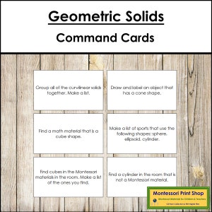 Tarjetas de comandos de sólidos geométricos (tarjetas de tareas) - Geometría primaria - Materiales Montessori imprimibles - Descarga digital