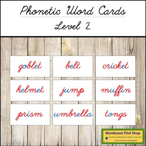 Tarjetas de palabras fonéticas nivel 2 (rojo/azul) en cursiva - Lenguaje - Materiales Montessori imprimibles - Descarga digital
