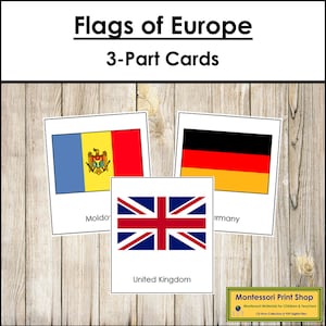 Bandiere d'Europa - Carte Montessori sui continenti - Geografia - Carte Montessori stampabili - Download digitale