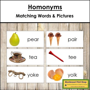 Mots homonymes et cartes illustrées - grammaire Montessori - matériel Montessori imprimable - téléchargement numérique