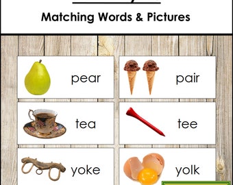 Palabras y tarjetas con imágenes para unir homónimos - Gramática Montessori (Descarga digital)