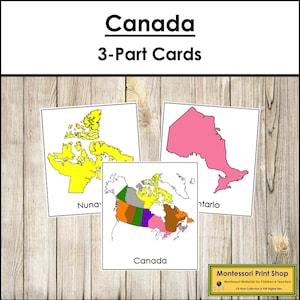 Tarjetas de 3 partes de las provincias y territorios canadienses (codificadas por colores) - Geografía Montessori - Materiales Montessori imprimibles - Descarga digital