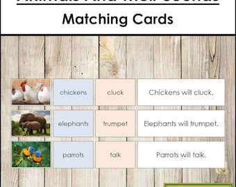 May include: Matching cards featuring images of chickens, elephants, and parrots with their corresponding sounds. The cards are labeled with the animal name, the sound they make, and a sentence describing the sound. The text on the cards reads "Chickens will cluck", "Elephants will trumpet", and "Parrots will talk".
