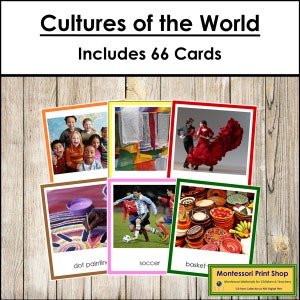 Lot Cultures du monde (code couleur) - Géographie - Cartes Montessori imprimables - Téléchargement numérique