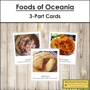 Cibo dell'Australia/Oceania - Schede Montessori sui continenti - Geografia - Schede Montessori stampabili - Download digitale