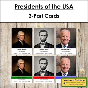 Presidents of the United States 3-Part Cards - US History - Printable Montessori Cards - Digital Download