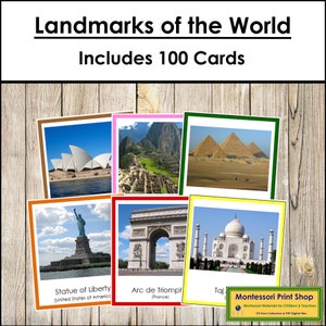 Conjunto de lugares emblemáticos del mundo (codificados por colores) - Geografía - Tarjetas Montessori imprimibles - Descarga digital