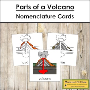 Tarjetas de 3 partes con la nomenclatura de las partes de un volcán - Ciencias - Materiales Montessori imprimibles - Descarga digital