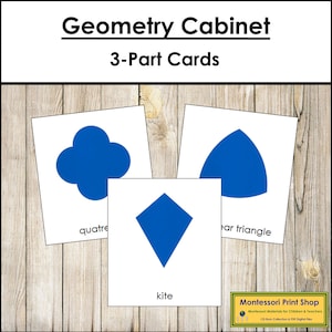 Tarjetas de 3 partes para gabinete de geometría - Geometría primaria - Tarjetas Montessori imprimibles - Descarga digital