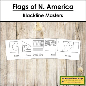 Drapeaux de l'Amérique du Nord Blackline Masters - Cartes Montessori Continent - Géographie - Cartes Montessori imprimables - Téléchargement numérique