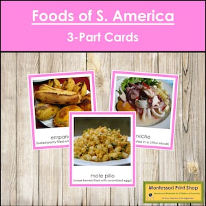 Aliments d'Amérique du Sud (code couleur) - Cartes Montessori Continent - Géographie - Cartes Montessori imprimables - Téléchargement numérique