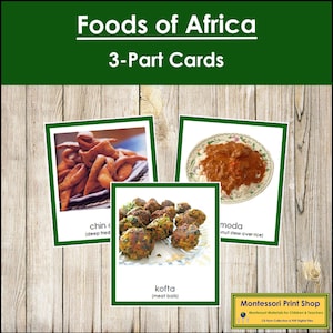 Alimentos da África (codificados por cores) - Cartões Montessori Continentais - Geografia - Cartões Montessori para Imprimir - Download Digital