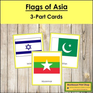 Bandeiras da Ásia (codificadas por cores) - Cartões Montessori Continentais - Geografia - Cartões Montessori para Imprimir - Download Digital