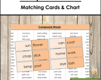 Compound Words Matching Cards & Chart [color-coded] - Montessori Grammar (Digital Download)