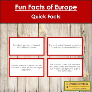 Faits amusants de l'Europe (code couleur) - Cartes Montessori Continent - Géographie - Cartes Montessori imprimables - Téléchargement numérique