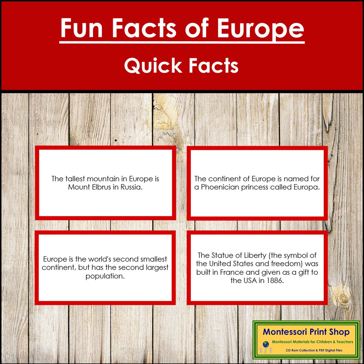 Fun Facts of Europe color-coded Montessori Continent Cards 