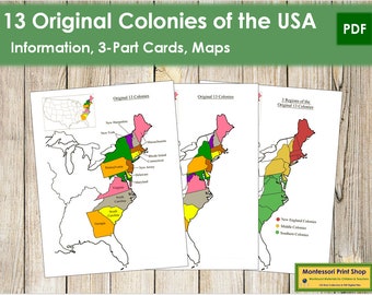 13 Original Colonies of the USA Maps, Information & 3-Part Cards - Montessori Geography - Printable Montessori Materials - Digital Download