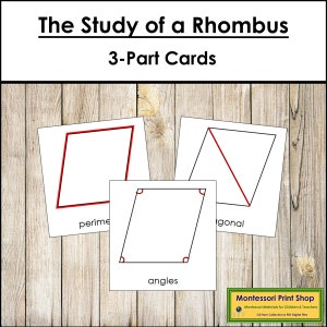 Lo studio della nomenclatura del rombo - Schede in 3 parti - Geometria - Materiali Montessori stampabili - Download digitale