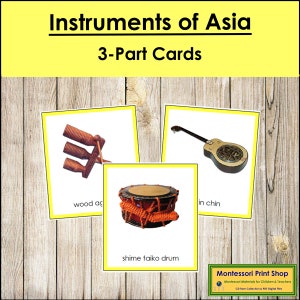 Instrumentos musicais da Ásia (codificados por cores) - Cartões Montessori Continentais - Geografia - Cartões Montessori para impressão - Download digital