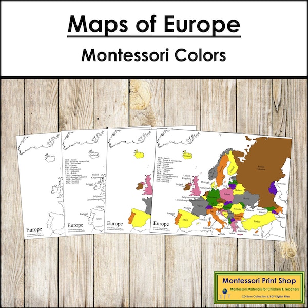 Maps of Europe (Color & Blackline) - Montessori Geography - Printable Montessori Materials - Digital Download