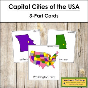 Cartes des capitales des États-Unis en 3 parties (code couleur) - géographie Montessori - matériaux Montessori imprimables - téléchargement numérique