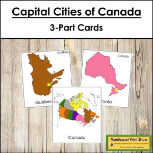 Tarjetas de 3 partes de las capitales de Canadá (codificadas por colores) - Geografía Montessori - Materiales Montessori imprimibles - Descarga digital