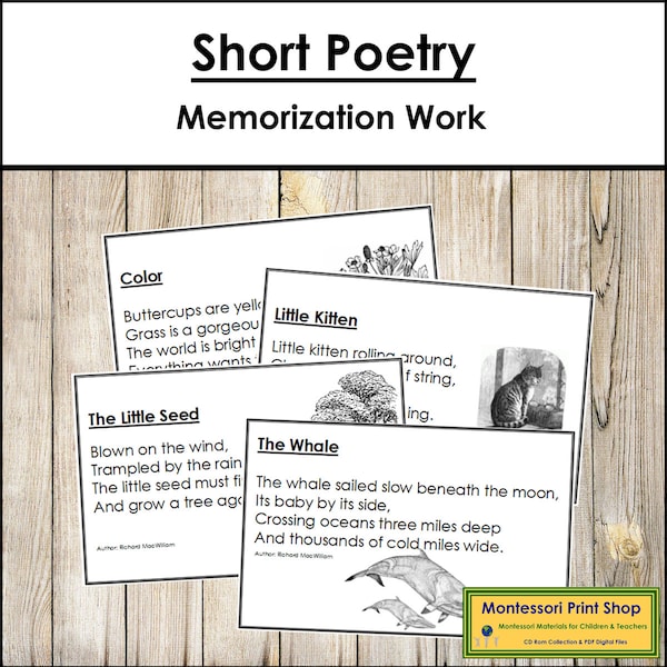 Short Poetry for Children (Memorization & Copywork) - Printable Montessori Materials - Digital Download