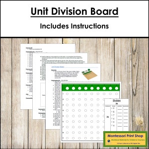 May include: A Montessori unit division board with green and white circles, a chart with numbers 1-9, and a division chart with numbers 36, 9, 8, 7, 6, 5, and 4. The text "Unit Division Board" and "Division" are also included.