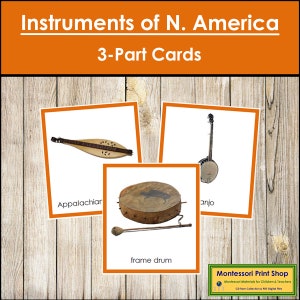 Strumenti musicali del Nord America (codificati a colori) - Schede dei continenti - Geografia - Schede Montessori stampabili - Download digitale