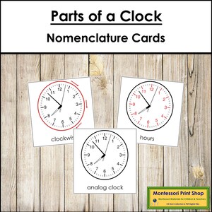 Tarjetas de 3 partes con la nomenclatura de las partes de un reloj - Tarjetas Montessori imprimibles - Descarga digital