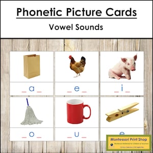 Cartes illustrées phonétiques (voyelles sonores) niveau 1 - langue Montessori - matériel Montessori imprimable - téléchargement numérique