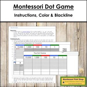 May include: A printable Montessori dot game worksheet with instructions. The worksheet has a grid with columns labeled 1, 10, 100, 1,000, and 10,000. The grid is filled with dots and has a space for a number at the bottom of each column. The worksheet also includes a blank space for a name and a title that says "The Dot Game".