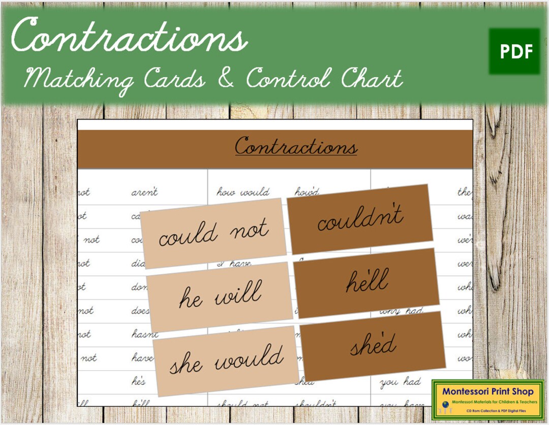 Contractions Matching Cards colorcoded CURSIVE Montessori Etsy