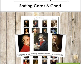 May include: A set of printable sorting cards featuring portraits of famous musical composers. The cards are divided into four categories: Baroque, Classical, Romantic, and 20th Century. The chart includes the names of the composers and their time periods.