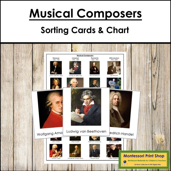 Tarjetas de clasificación de compositores musicales y gráfico de control - Música - Tarjetas Montessori imprimibles - Descarga digital