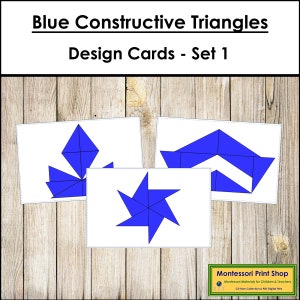 Tarjetas de diseño de triángulos constructivos azules - Juego 1 - Geometría - Tarjetas Montessori imprimibles - Descarga digital
