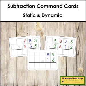 Tarjetas de comando de resta (codificadas por colores) - Tarjetas de tareas de operaciones matemáticas - Tarjetas Montessori imprimibles - Descarga digital