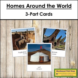 Maisons du monde entier - Cartes en 3 parties - Sciences humaines - Cartes Montessori imprimables - Téléchargement numérique