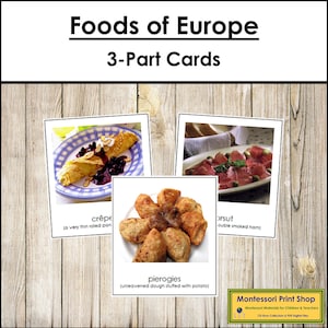 Cibo d'Europa - Schede Montessori sui continenti - Geografia - Schede Montessori stampabili - Download digitale
