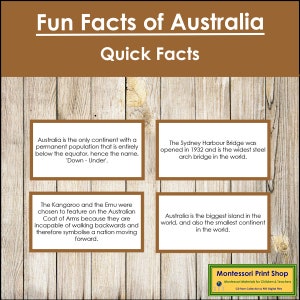 Curiosità sull'Australia (codificate a colori) - Carte Montessori sui continenti - Geografia - Carte Montessori stampabili - Download digitale