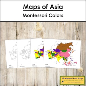 Asien Karten (Farbe & schwarze Linie) - Montessori Geographie - Druckbare Montessori Materialien - Digitaler Download