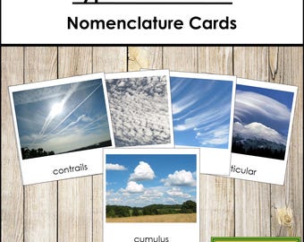 Tarjetas de 3 partes sobre la nomenclatura de los tipos de nubes - Meteorología Montessori (Descarga digital)